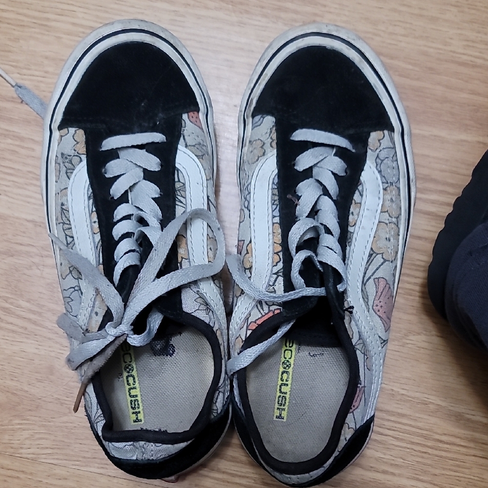 Vans Black and White Floral Athletic Shoes